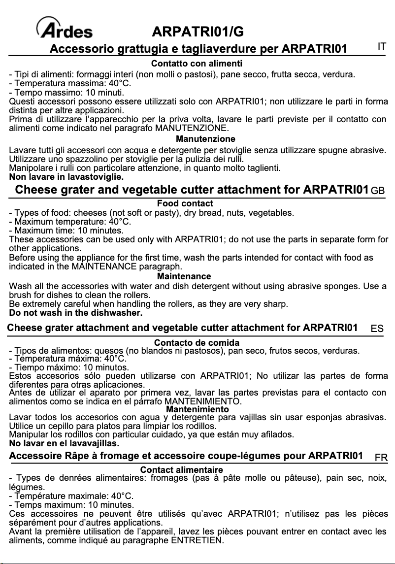 Image de la première page du manuel de l'appareil ARPATRI01/G