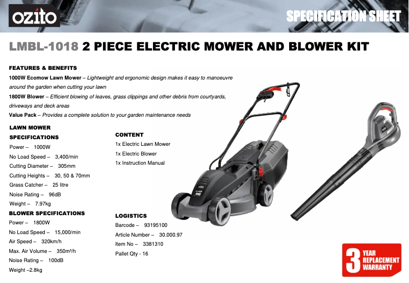 Página 1 del manual Ficha técnica Ozito LMBL-1018