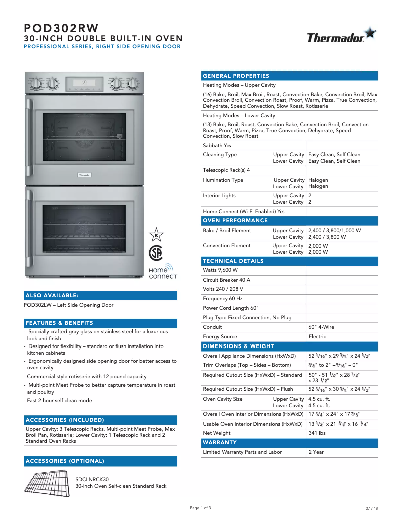 Page 1 de la notice Fiche technique Thermador POD302RW