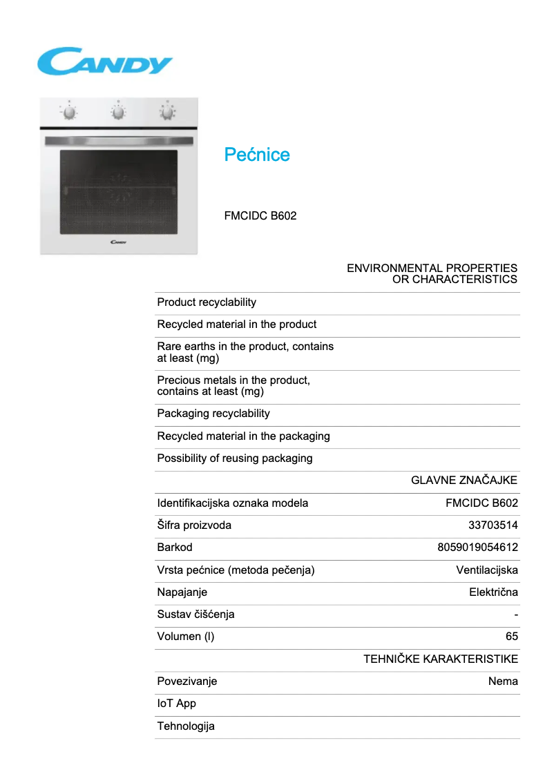 Page 1 de la notice Fiche technique Candy FMCIDC B602