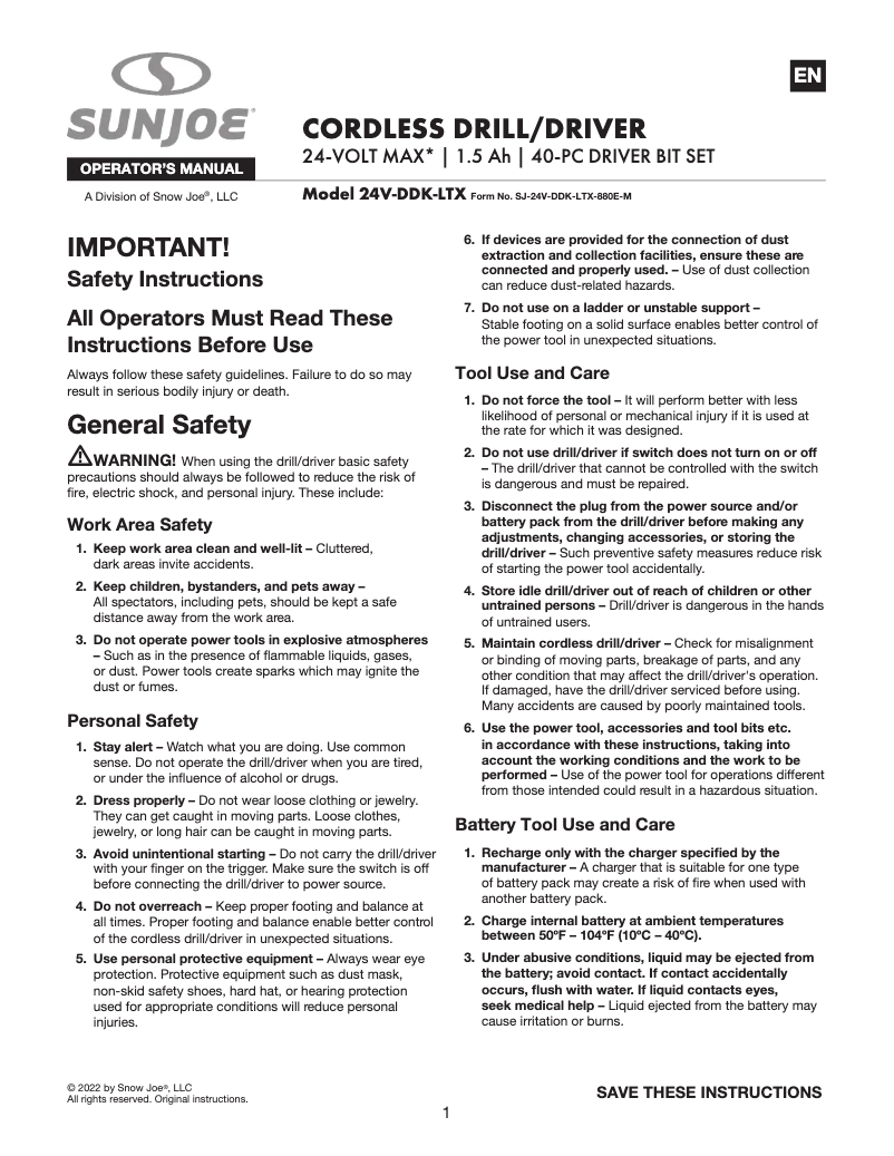 Page 1 de la notice Manuel utilisateur Sun Joe BDL-A0050