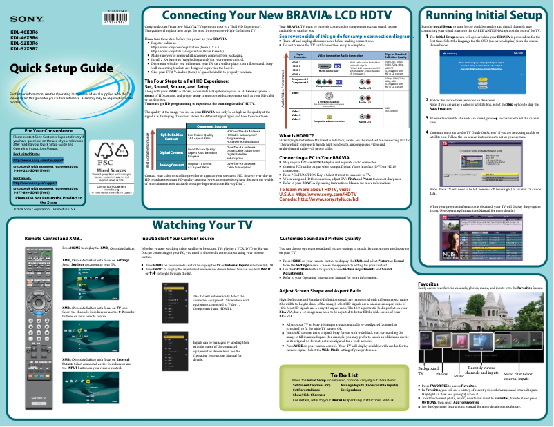 Page 1 de la notice Guide d'installation Sony Bravia KDL-40XBR6