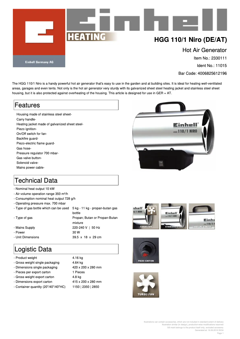 Page n°1 - Fiche technique Einhell HGG 110/1 Niro