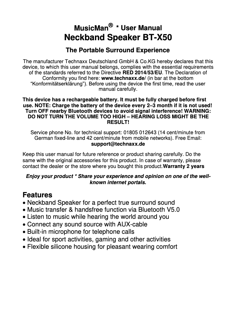 Page 1 de la notice Manuel utilisateur Technaxx BT-X50