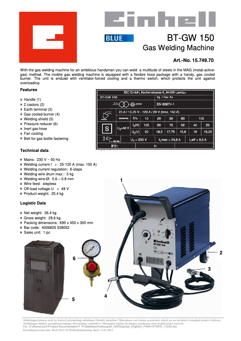 Page 1 de la notice Fiche technique Einhell BT-GW 150
