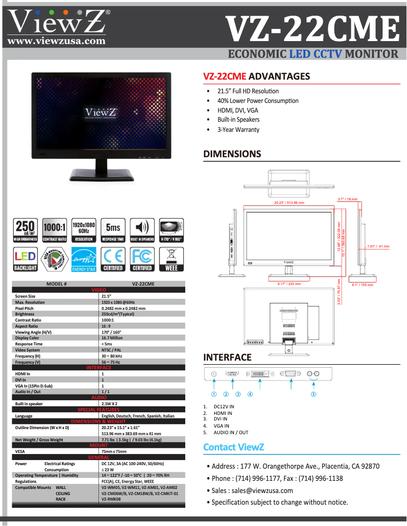 Page 1 de la notice Brochure ViewZ VZ-22CME