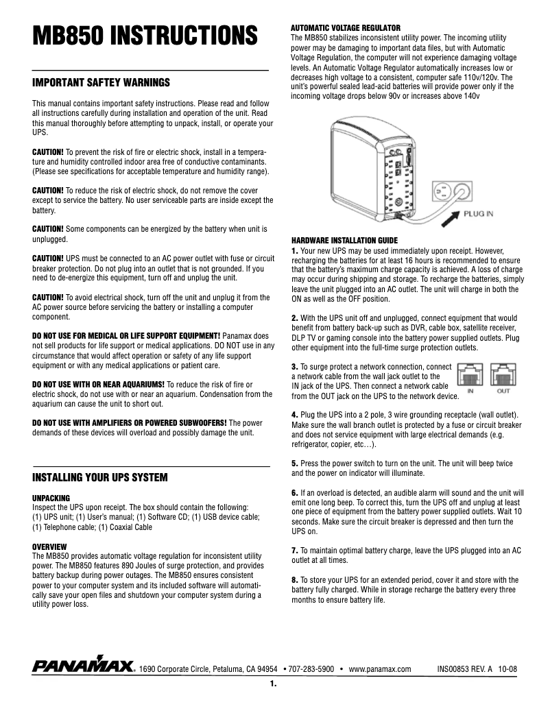 Page n°1 - Manuel utilisateur Panamax MB850
