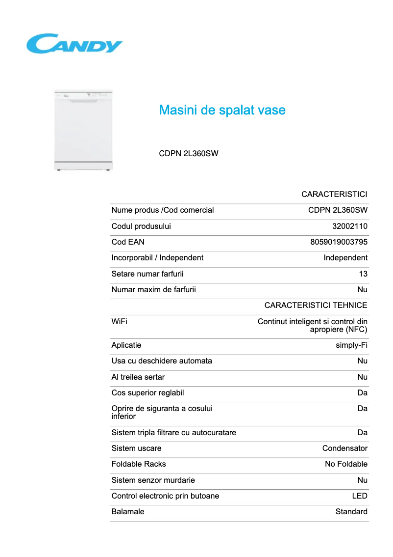 Page n°1 - Fiche technique Candy CDPN 2L360SW