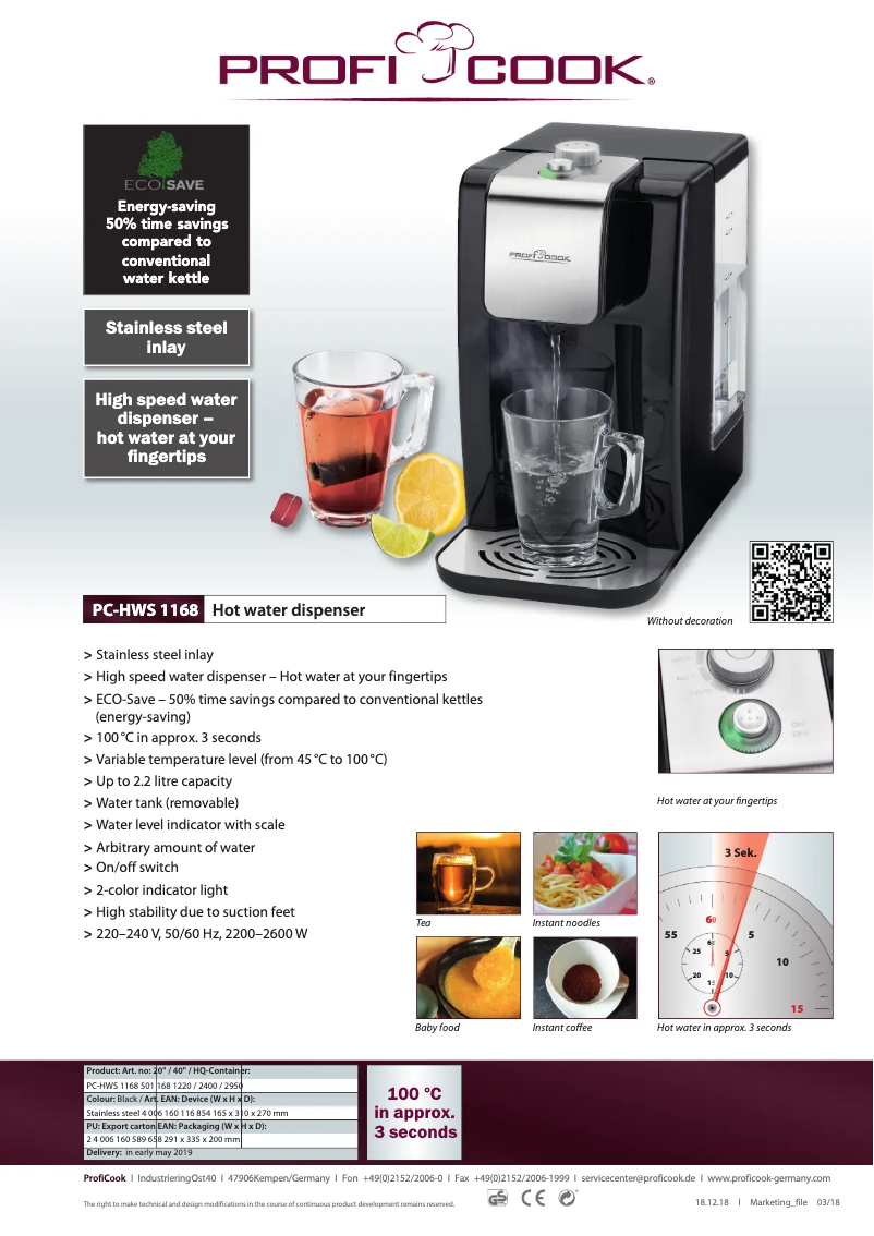 Page n°1 - Fiche technique ProfiCook PC-HWS 1168