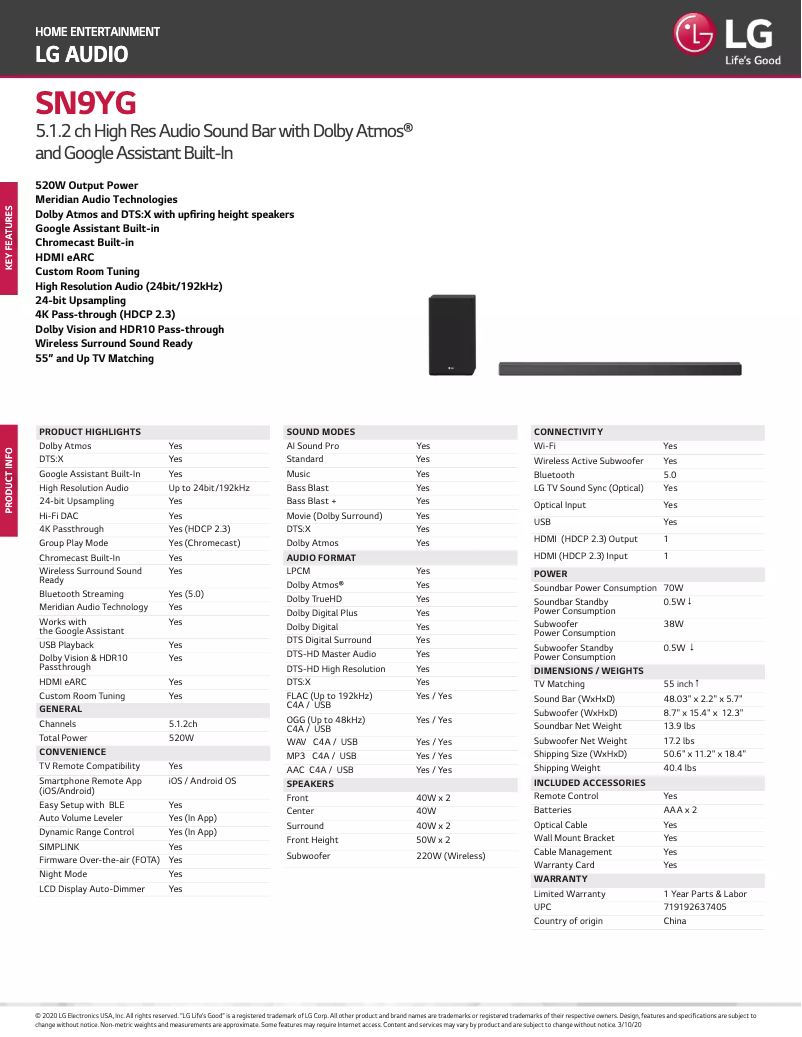 Page 1 de la notice Fiche technique LG SN10YG