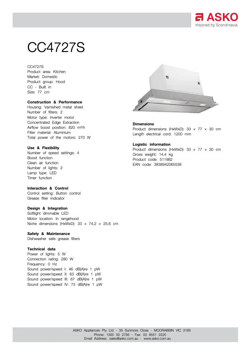 Page n°1 - Fiche technique Asko CC4727S