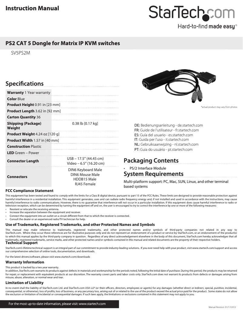 Page 1 de la notice Manuel utilisateur StarTech.com SV5PS2M