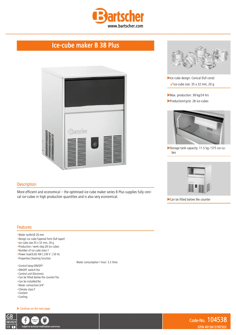 Page n°1 - Fiche technique Bartscher B 38 Plus