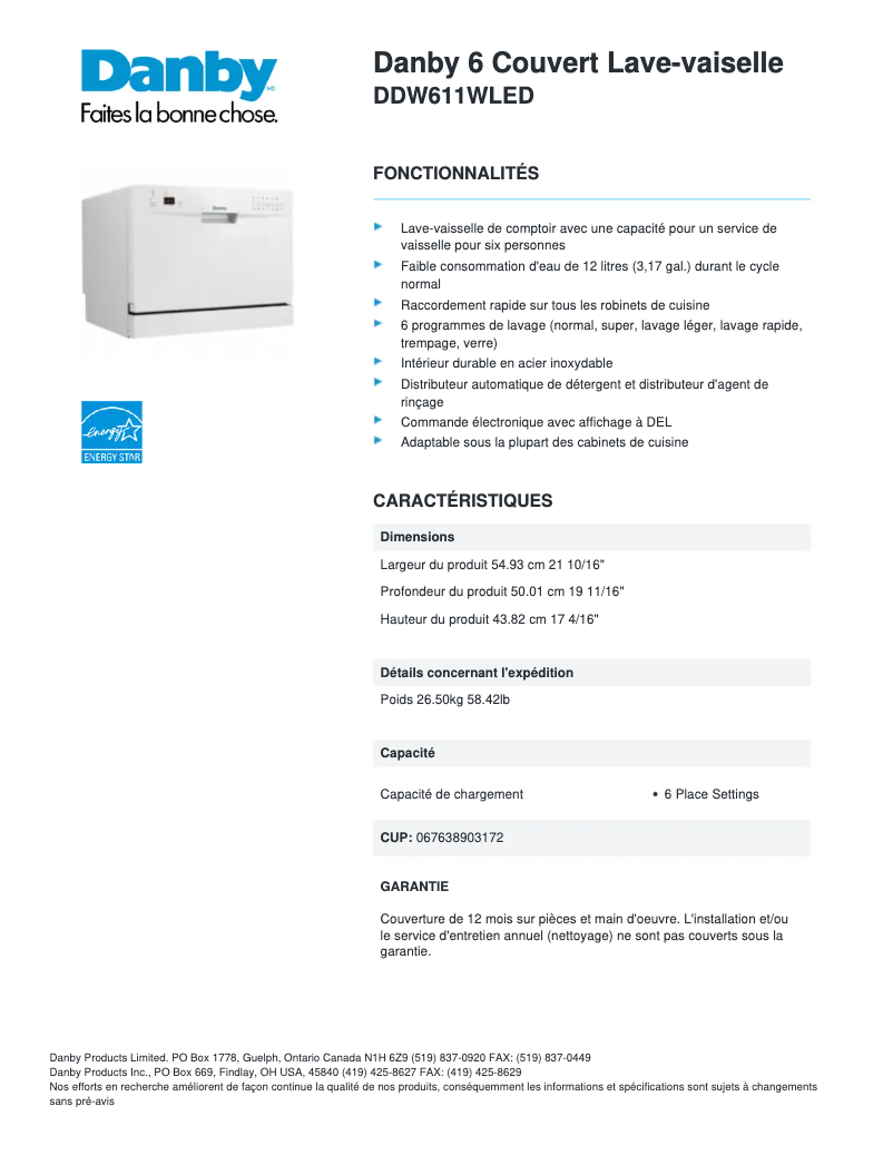 Page 1 de la notice Fiche technique Danby DDW611WLED