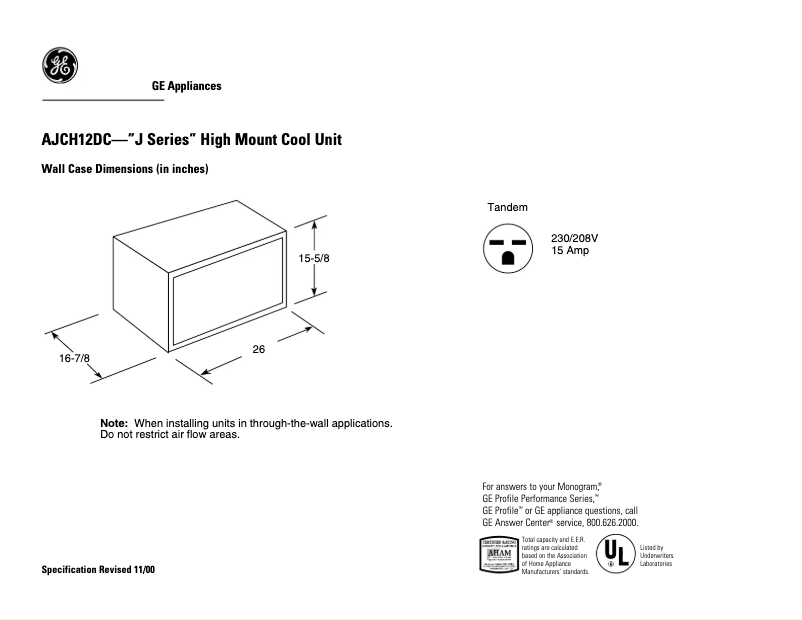 Page 1 de la notice Fiche technique GE AJCH12DC