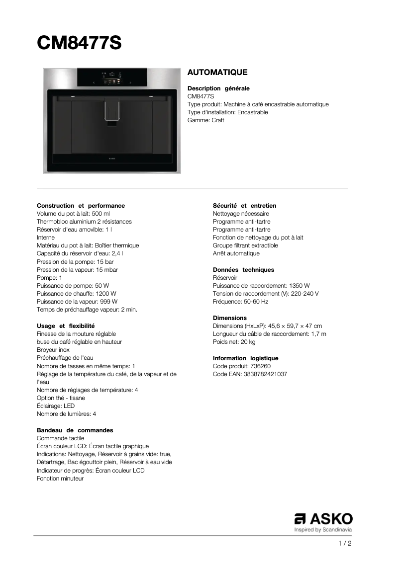 Page 1 de la notice Fiche technique Asko CM8477S