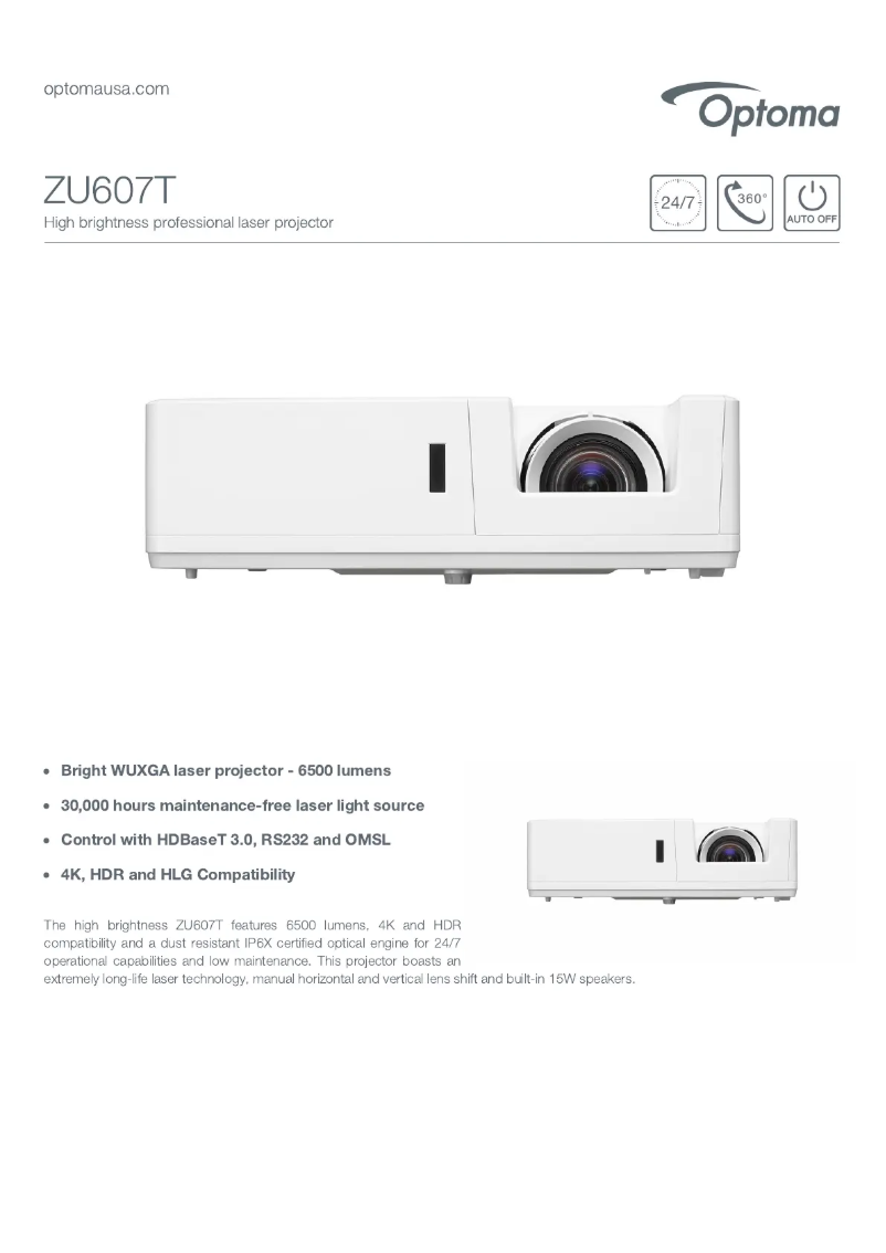 Page 1 de la notice Fiche technique Optoma ZU607T