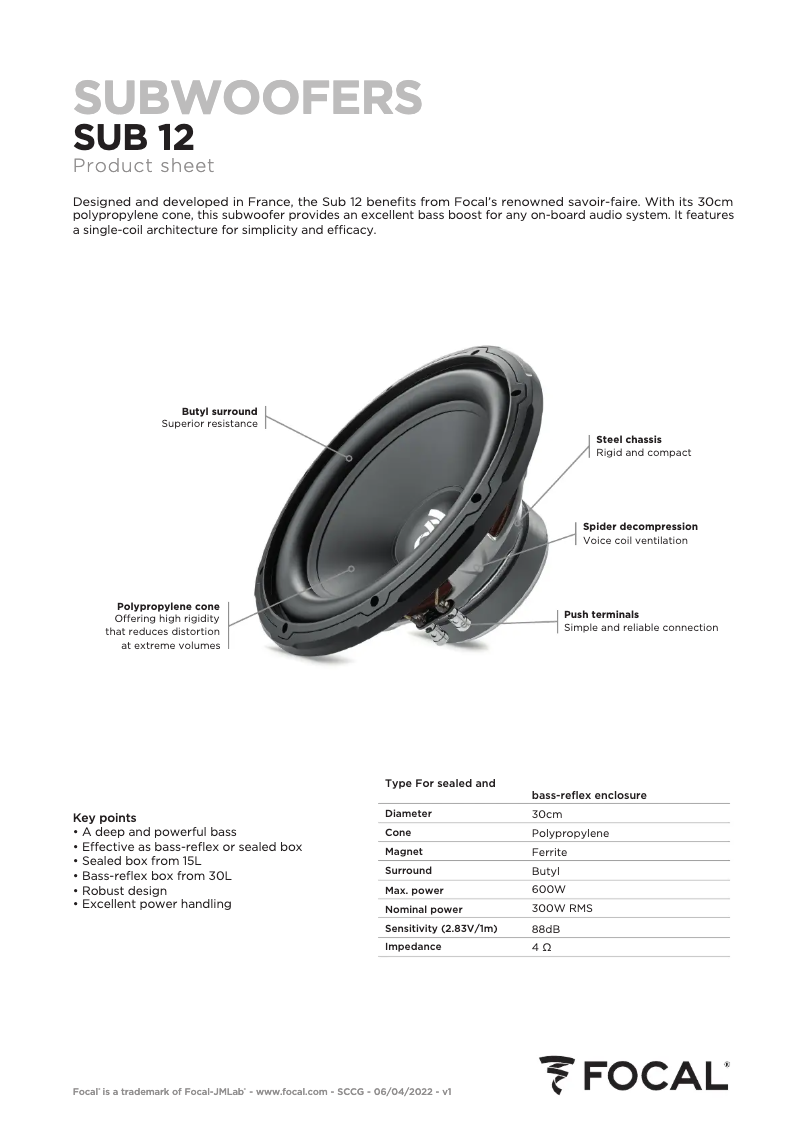 Page 1 de la notice Fiche technique Focal SUB 12