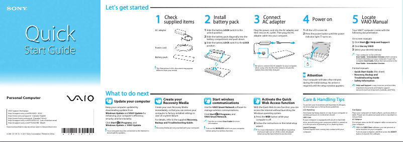 Page n°1 - Guide d'installation Sony Vaio VPCEG190S