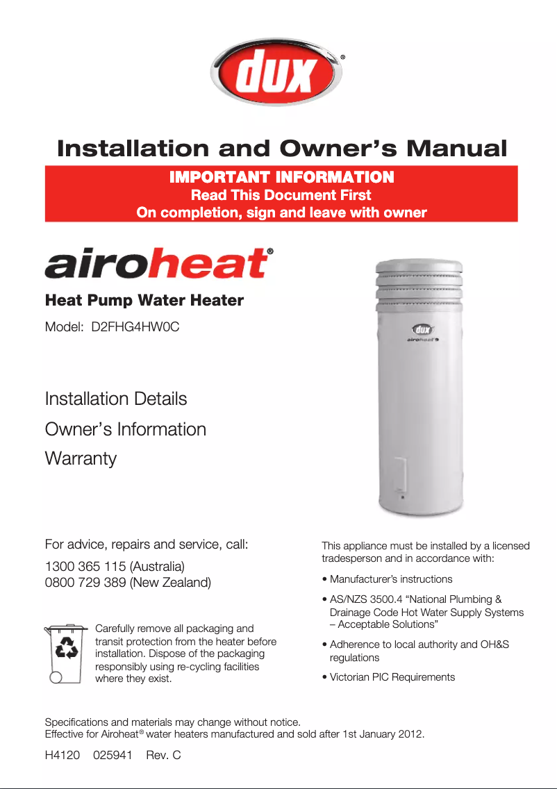 Page 1 de la notice Manuel utilisateur Dux Airoheat D2FH1800C