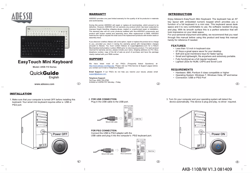 Page n°1 - Manuel utilisateur Adesso EasyTouch Mini AKB-110