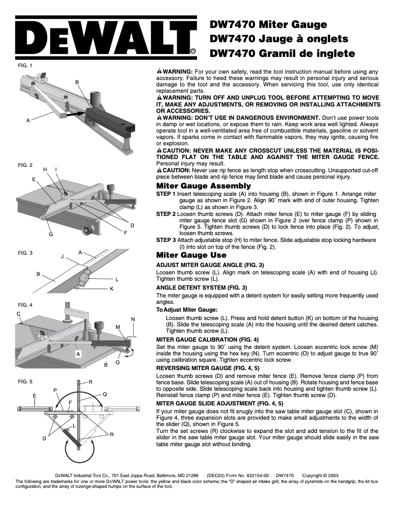 Page 1 de la notice Manuel utilisateur DeWalt DW7470