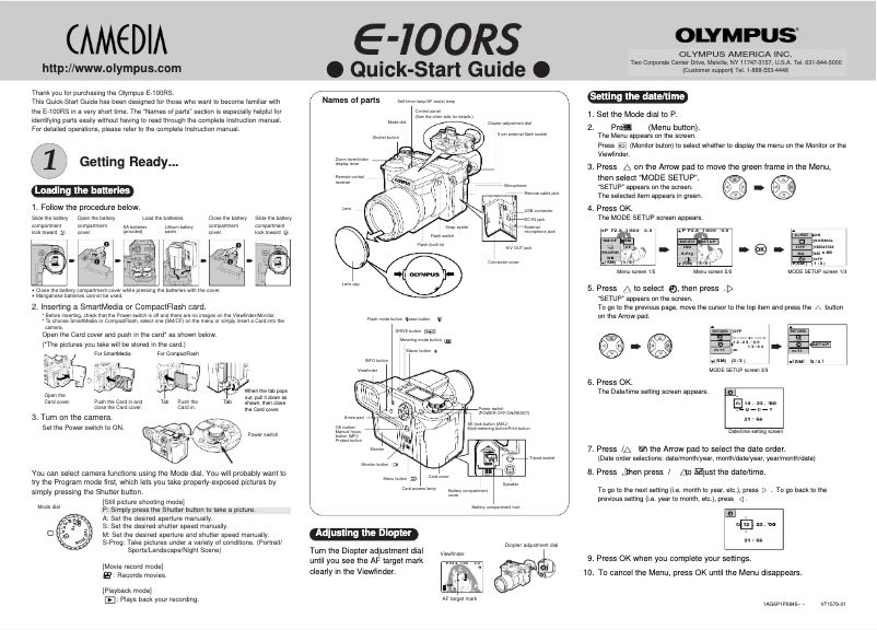 Page 1 de la notice Guide de démarrage rapide Olympus Camedia E-100RS