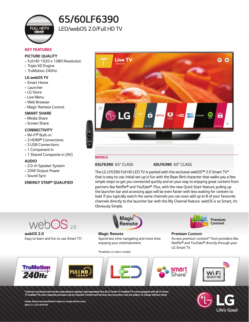 Page 1 de la notice Fiche technique LG 65LF6390