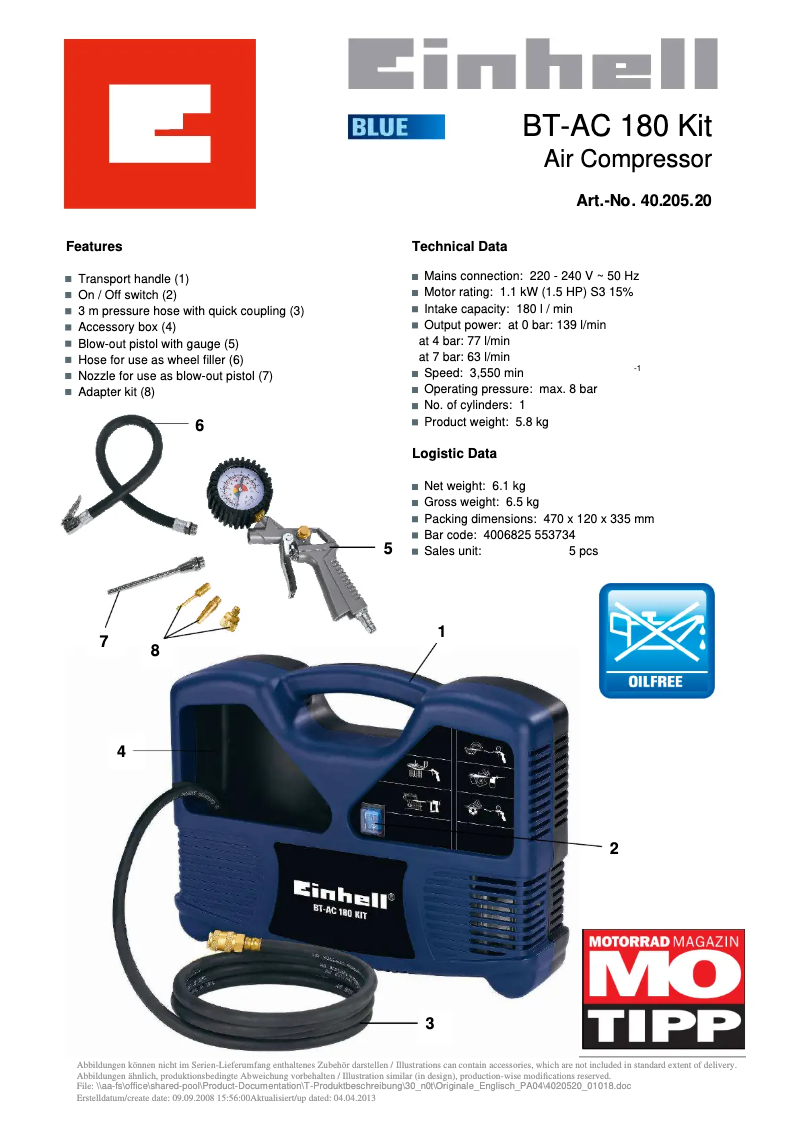 Page 1 de la notice Fiche technique Einhell BT AC 180 Kit
