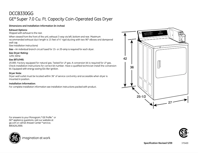 Page 1 of the manual Technical Sheet GE DCCB330GGWC