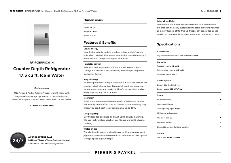 Page 1 de la notice Fiche technique Fisher & Paykel RF170BLPUX6N