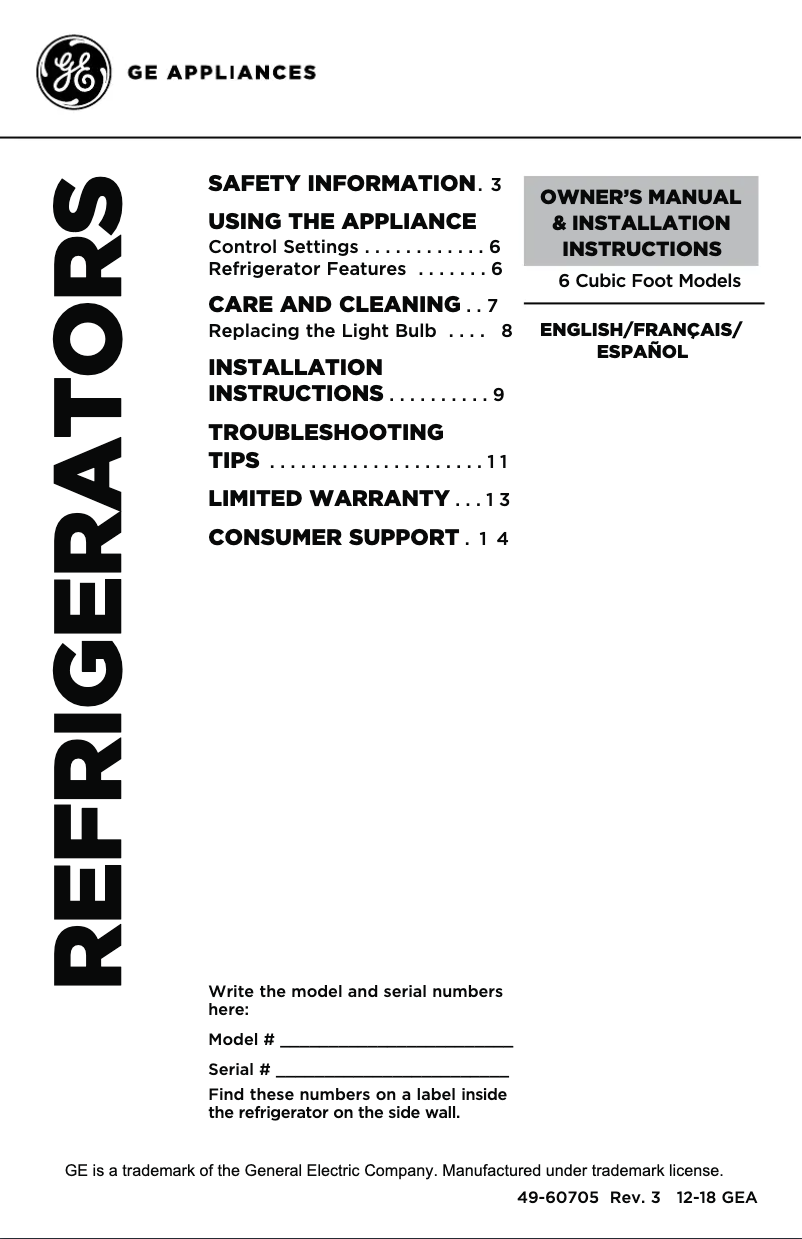 Page 1 de la notice Manuel d'utilisation et d'entretien GE GCE06GGHBB