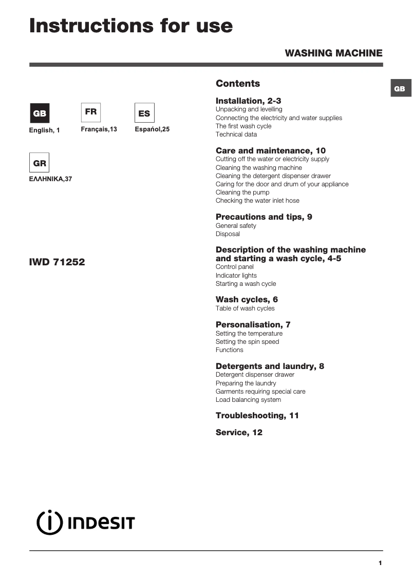 Page n°1 - Manuel utilisateur Indesit IWD 71252 C ECO EU.T
