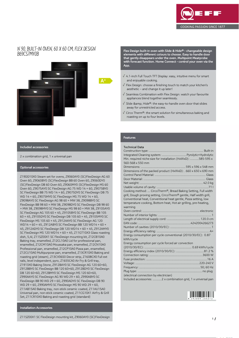 Page 1 de la notice Fiche technique Neff B69CS7MY0B