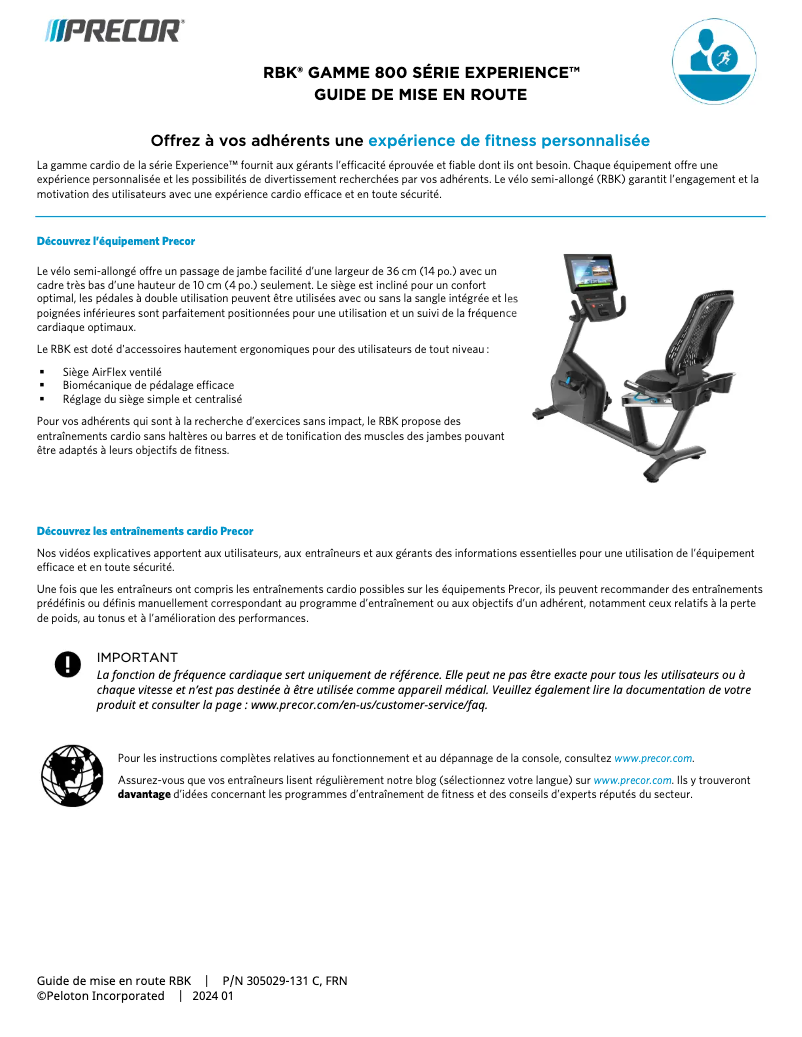 Page 1 de la notice Manuel utilisateur Precor RBK 800