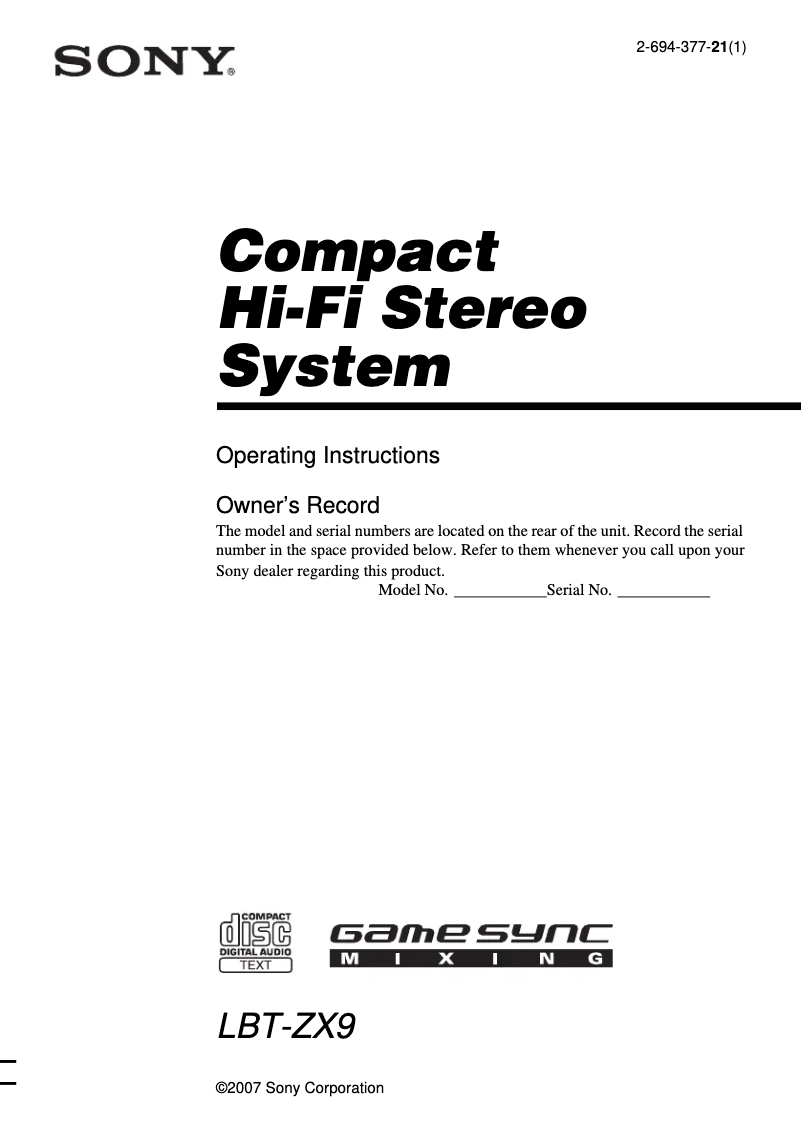 Page n°1 - Manuel utilisateur Sony LBT-ZX9