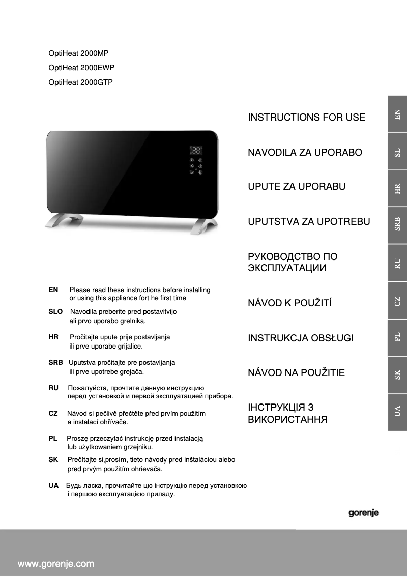 Page 1 de la notice Manuel utilisateur Gorenje OptiHeat 2000GTP