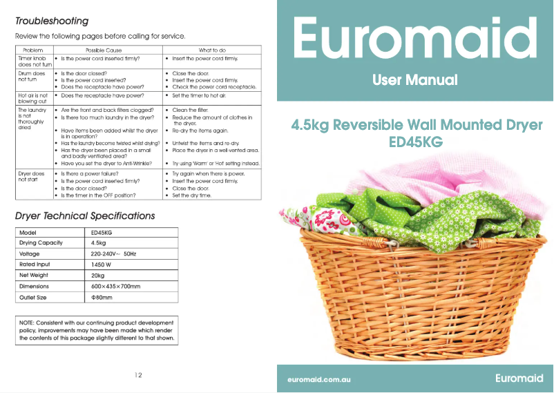 Page 1 de la notice Manuel utilisateur Euromaid ED45KG