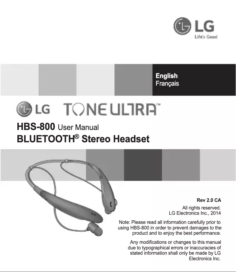 Page 1 de la notice Manuel utilisateur LG Tone Ultra HBS-800