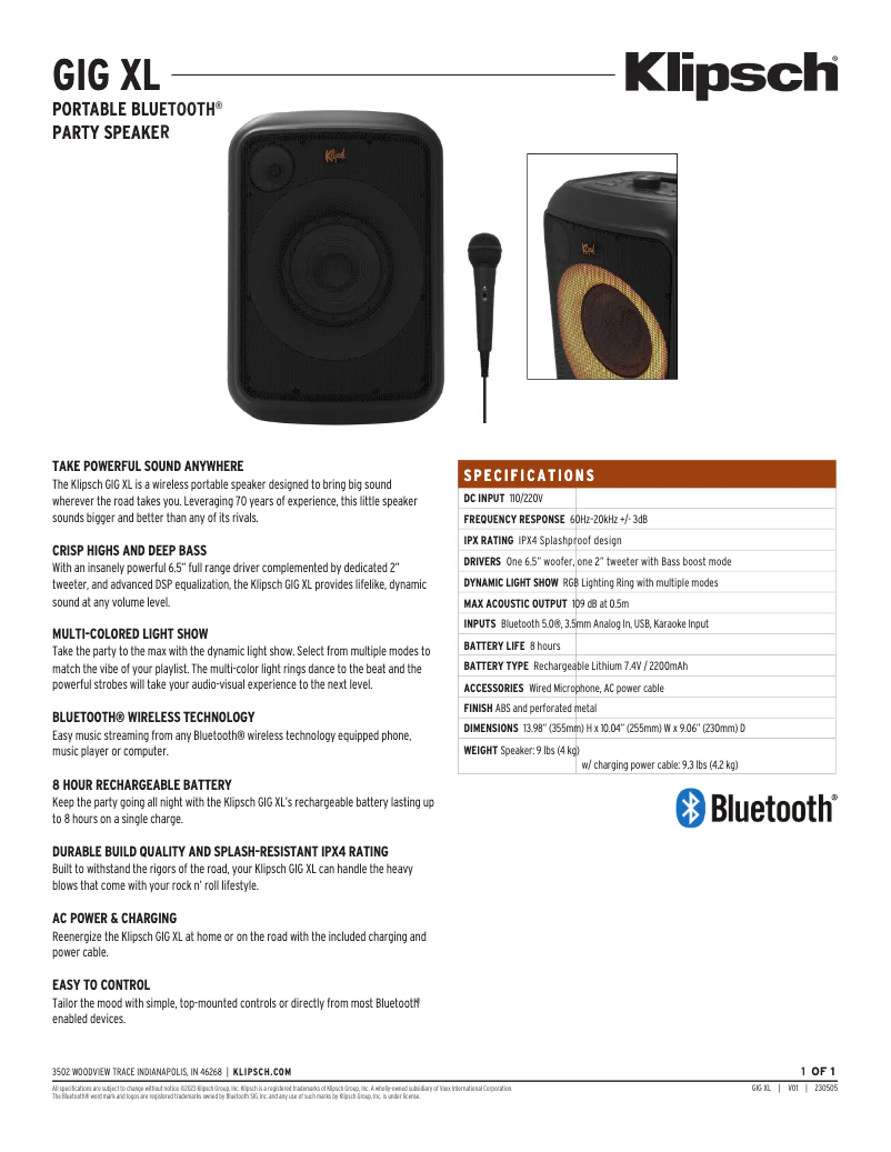 Page n°1 - Fiche technique Klipsch GIG XL