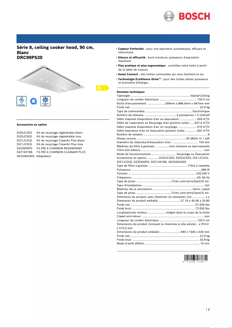 Page 1 of the manual Technical Sheet Bosch DRC99PS20