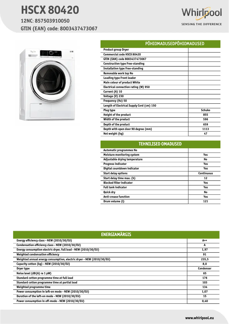 Page 1 de la notice Fiche technique Whirlpool HSCX 80420