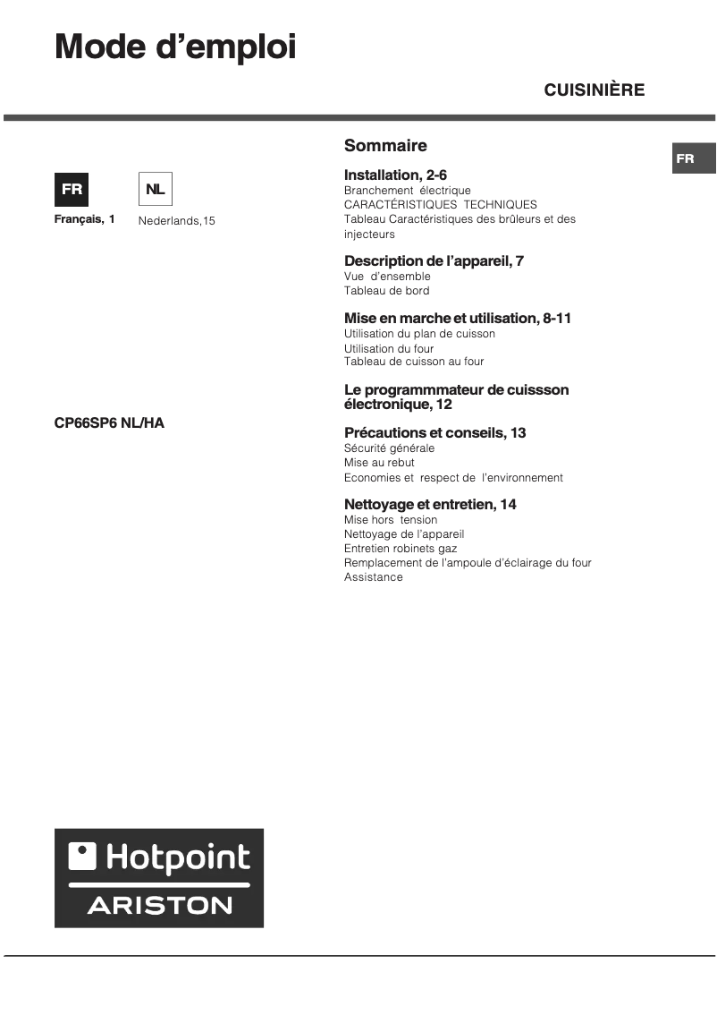 Page 1 de la notice Manuel utilisateur Ariston Thermo CP66SP6