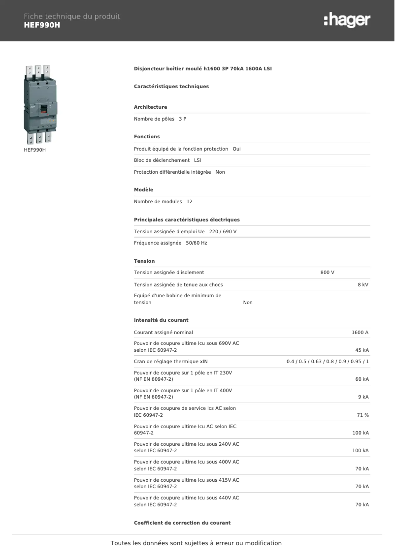 Page 1 de la notice Fiche technique Hager HEF990H
