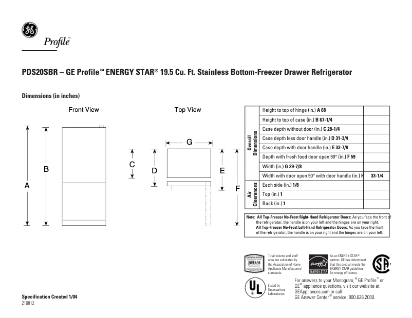 Page n°1 - Fiche technique GE Profile PDS20SBRLSS
