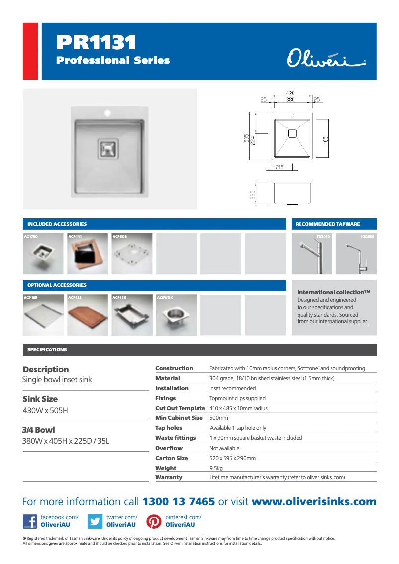Page 1 de la notice Fiche technique Oliveri PR1131