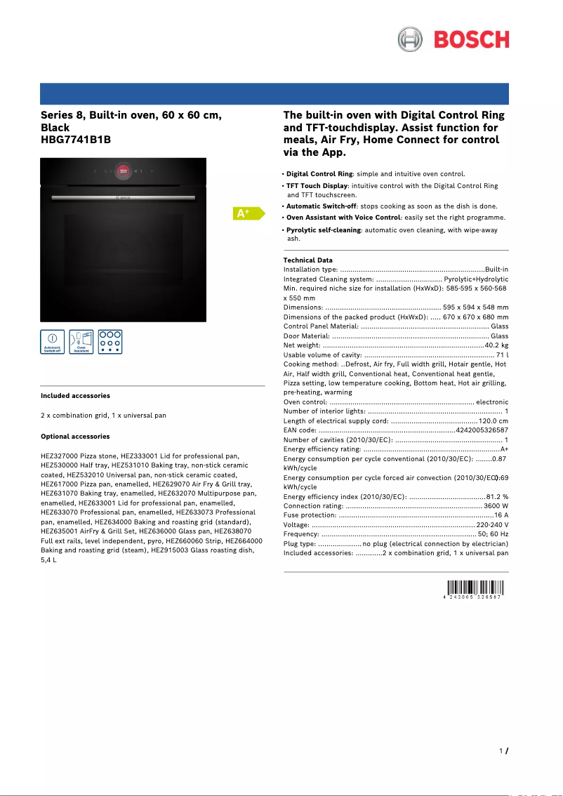 Page 1 de la notice Fiche technique Bosch HBG7741B1B