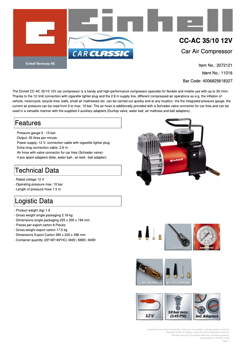 Page n°1 - Fiche technique Einhell CC-AC 35/10 12V