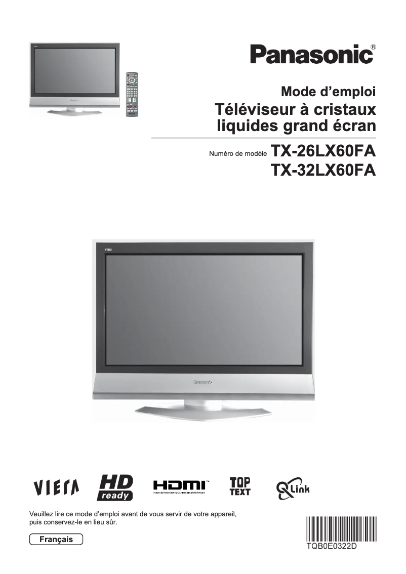 Page 1 de la notice Manuel utilisateur Panasonic Viera TX-32LX60FA