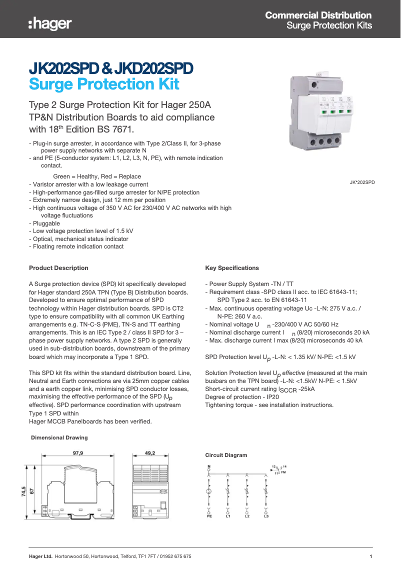 Page 1 de la notice Fiche technique Hager JK202SPD